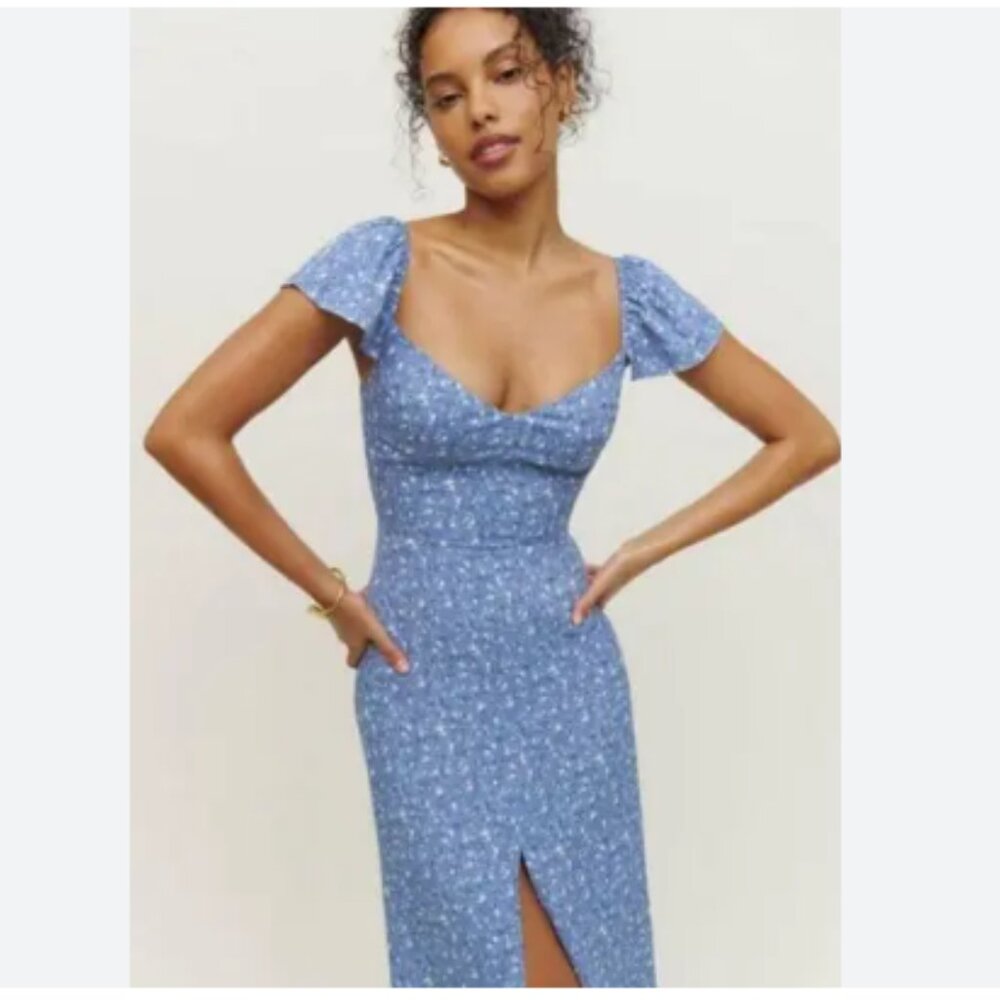 Reformation Baxley Dress in Eve Blue White Floral Print Midi Short Sleeves